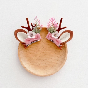 Girl Hair Clip Reindeer Bow Floral Pair Christmas (GHP9599)